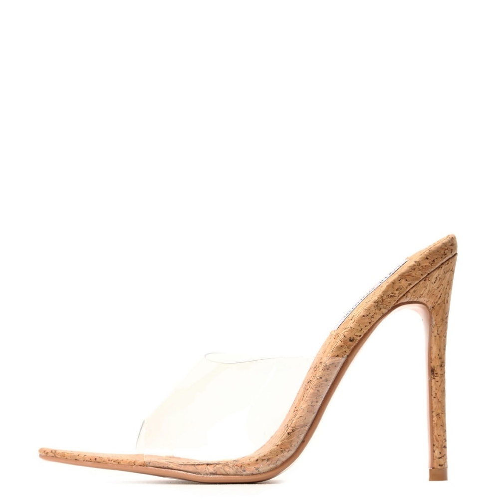 NEW🔥Clear Peep Toe Cork Stiletto Heel Mule Sandal - Picture 3 of 5
